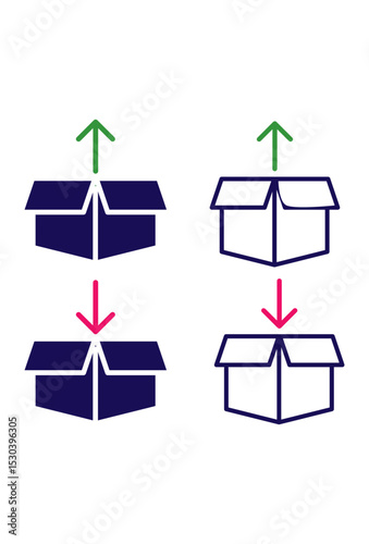 Boxes with arrows showing items entering and exiting, representing flow.
 Inflow and outflow concept with boxes and directional arrows
