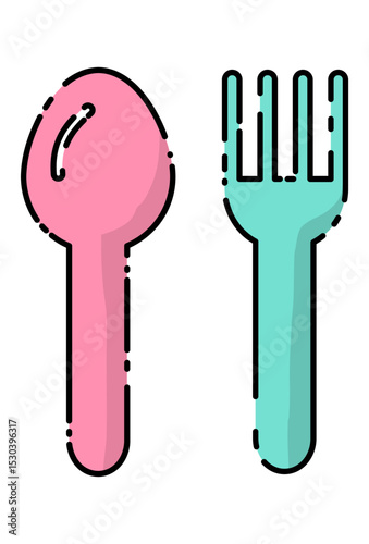 Adorable cartoon cutlery, a pink spoon and a turquoise fork.
Simple graphic illustration of colorful eating utensils.
