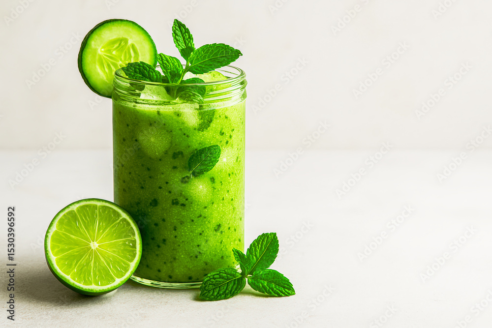Fototapeta premium Refreshing Cucumber Mint Smoothie in a Mason Jar Glass Garnished with Fresh Lime, Cucumber Slices, and Mint Leaves on a Clean Neutral Surface – A Cool, Hydrating, and Detoxifying Summer Drink 