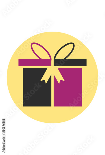 Yellow circle, purple and black gift box with a pink bow.
Two-tone gift icon on yellow background, perfect for celebrations
