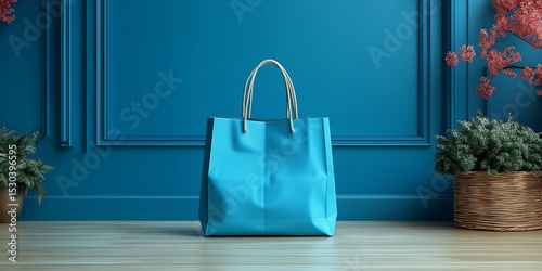 Blue color paper bag mockup eco-friendly packaging shopping retail product design minimalist modern brand advertisement ai generated art