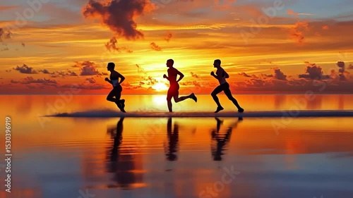 Dynamic Silhouettes: Runners Against a Vivid Sunset over Serene Water Scenery