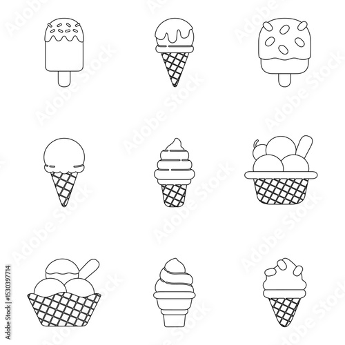 ice cream doodle hand drawn icon set. Outline drawing ice cream line clipart symbol collection. coloring for children
