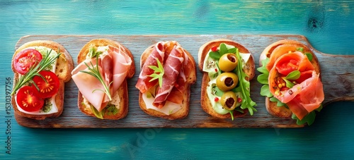 Bruschetta appetizer with ham tomato olive cheese and avocado toppings