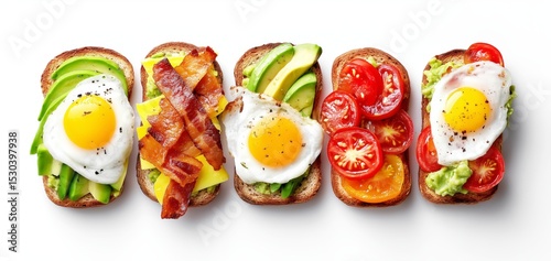 Gourmet breakfast toast with egg, bacon, avocado, and fresh toppings