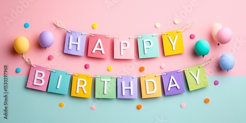 Colorful Happy Birthday banner with festive balloons and confetti