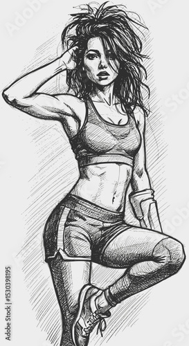 Athletic girl. Black and white line sketch portrait of a beautiful sports woman with messy hairstyle. Character design. EPS 10 version.