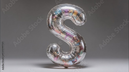 Metallic balloon letter s filled with colorful items.