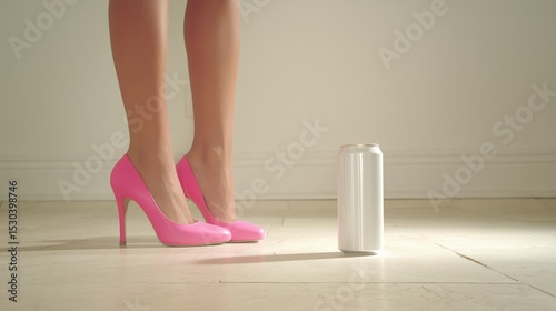 A close-up of the woman's legs in pink high heels standing next to an unbranded white can with no label or logo. Advertisement template for your beverage