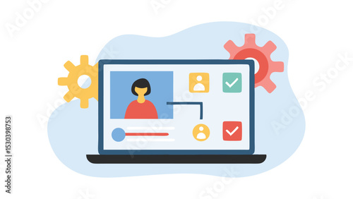 Illustration of a laptop displaying a workflow diagram with gears in the background