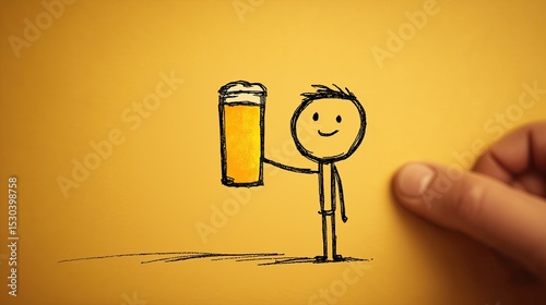 A hand-drawn animation of a stick figure holding up a beer can. Cheers. Drinking. Feeling good. Sketch of a stickman with an alcohol, visible hand of an illustrator