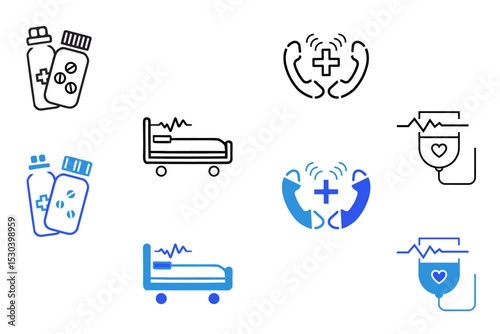 Public health line and solid icons set. Community health, disease prevention, health protection, medical services, health awareness, hygiene, vaccination, medicare icons. Vector editatble illustration