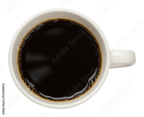 深みのある黒、シンプルマグカップの上から撮影したコーヒー写真