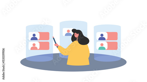 Woman presenting candidate profiles with pencil in front of three digital screens in an office