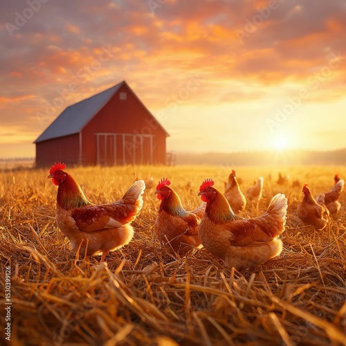 Chickens roaming freely in a sunlit farmyard at sunrise, with a rustic barn in the background creating a serene rural scene.