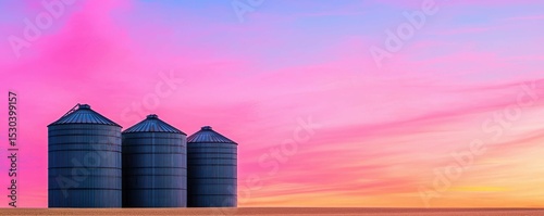 Three grain silos stand silhouetted against a vibrant sunset sky, showcasing beautiful pink and orange hues.