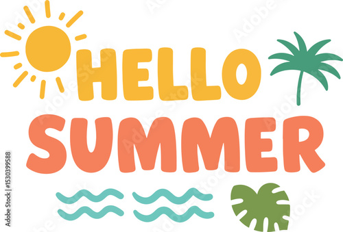 hello summer with hand-drawn text and small sun, waves, and leaf icons