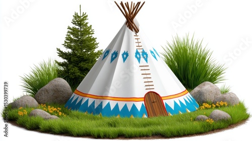 3D Render of White Teepee with Blue and Orange Geometric Patterns on Grassy Patch