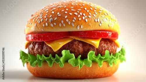 Juicy Cheeseburger 3D Render Close up of a Sesame Seed Bun Hamburger with Melted Cheese, Lettuce and Tomato on White Background