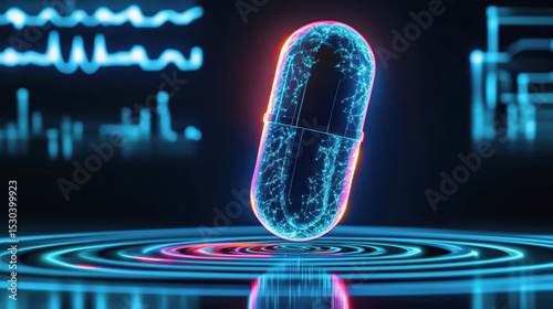 A futuristic digital capsule hovers above a glowing circular platform, surrounded by holographic data and waveforms in a high-tech environment.