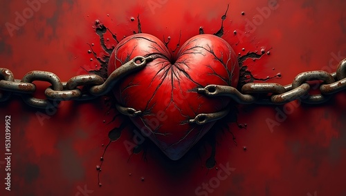 Illustration of a heart wrapped tightly in chains on a textured red background. Represents emotional trauma, heartbreak, or suppressed feelings.
