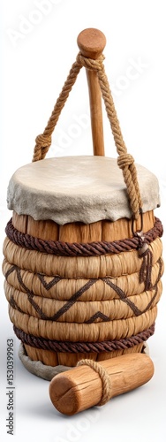 3D Render of Beige Cylindrical Drum with Brown Accents and Woven Rope Details
