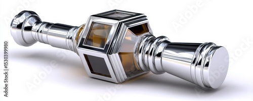 3D Render of Silver and Amber Geometric Object on White Background