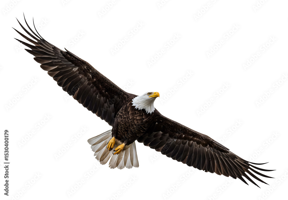 Fototapeta premium 力強く羽ばたくワシ、暗い背景に白い頭が映える