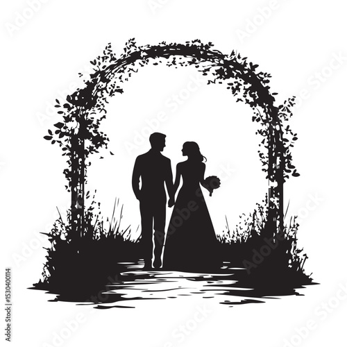 A Silhouette Of Bride And Groom Walking Hand In Down The Aisle At Wedding