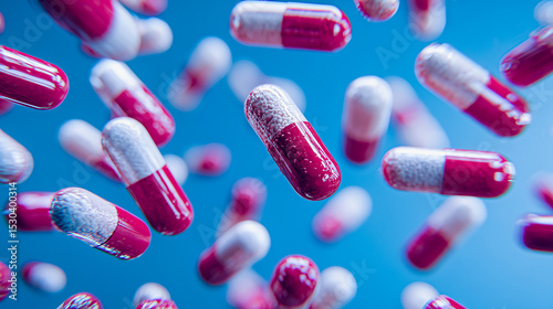 Red and white capsules floating against a blue background, symbolizing medication and pharmaceutical concepts.