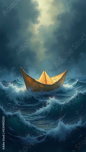 Illustration of a paper boat caught in stormy waves under a spotlight. Depicts vulnerability, resilience, and fragile hope in turbulent times.
