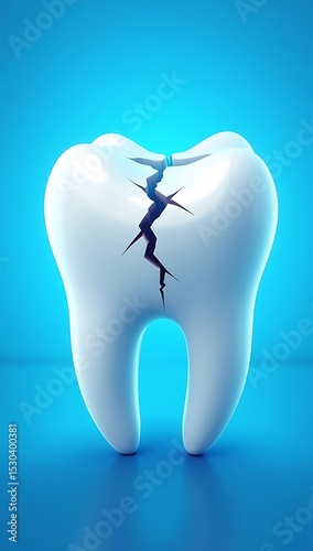 Illustration of a molar tooth with a sharp diagonal crack and subtle pain lines, set against a vibrant blue gradient. Represents dental decay, cavity issues, and oral health problems.
