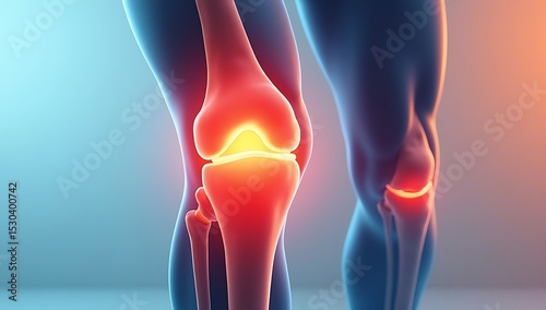 Illustration of inflamed human knee joint on soft gradient background. Medical concept depicting arthritis pain, joint inflammation, and orthopedic issues.

