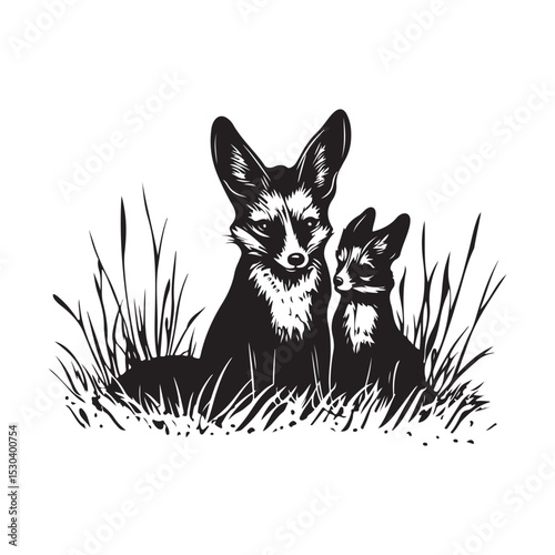 Bat Eared Fox Vector. Bat Eared Fox Family on the grassy savanna Image Vector.