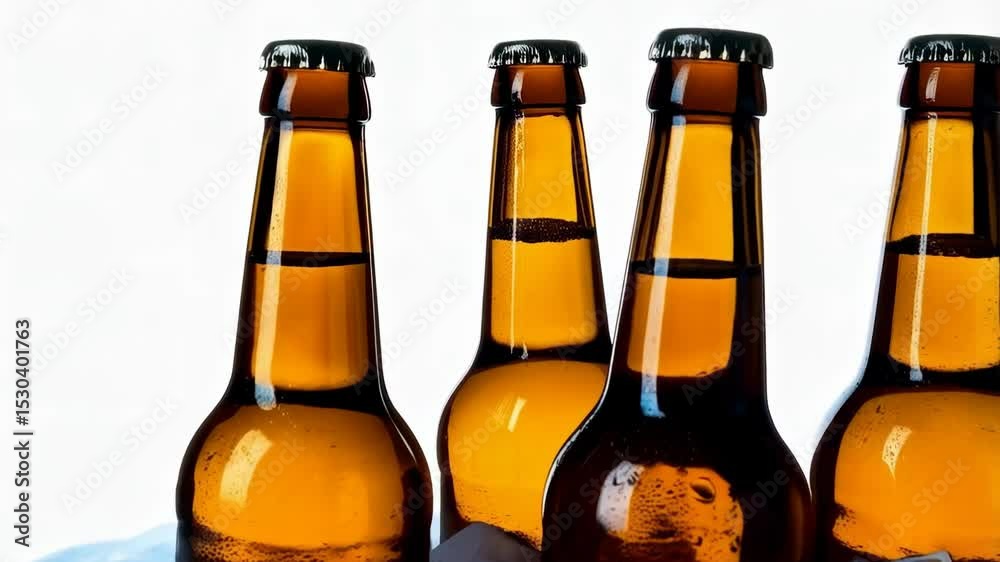Chilled beer bottles on ice against a bright white background ready for a refreshing, cold drink.