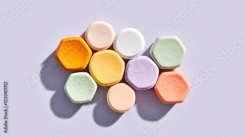 Pastel Geometric Candy Shapes Arranged Playfully on Purple Background