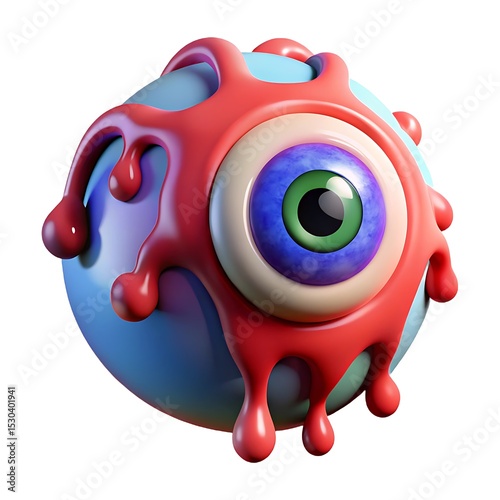 3d rendered cartoonish eye on sphere with dripping red blood isolated on white background