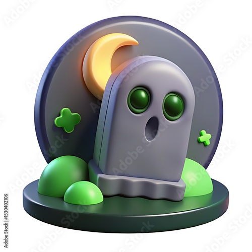 3d rendered halloween ghost character with green eyes moon and decorative elements