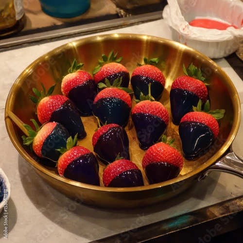 Chocolate-covered strawberries in a pan