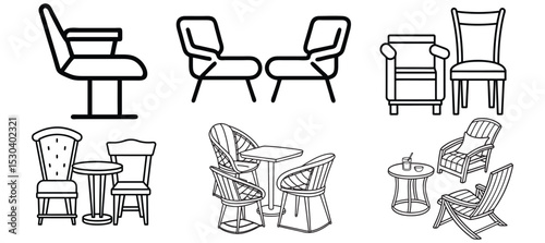 black and white chairs furniture set silhouette vector doodle drawing