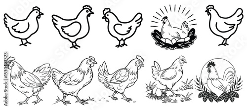 chickens hens set silhouette black and white vector doodle line art
