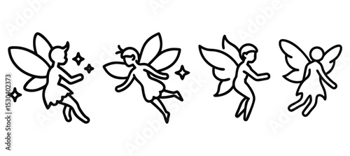 black and white fairies set outline silhouette doodle vector drawing