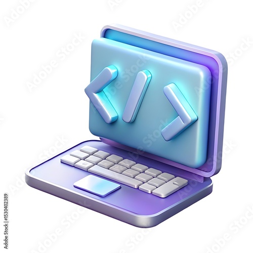 3d rendered laptop displaying code symbols representing software development and programming