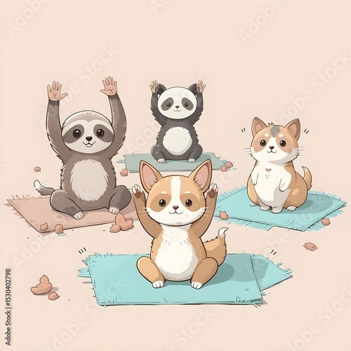 Adorable animals practicing yoga on mats together