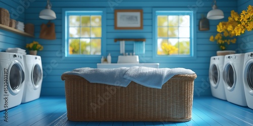 Clothes washed mockup laundry detergent fabric softener cleaning washing machine household chore AI generated art