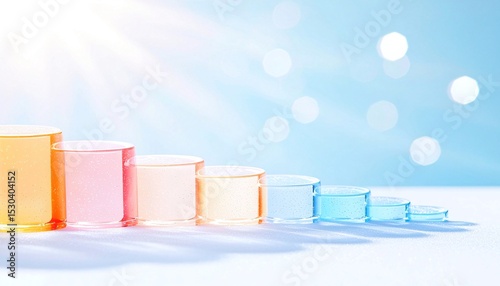 Pastel Gradient Gel Bottles on White Surface with Sunlight
