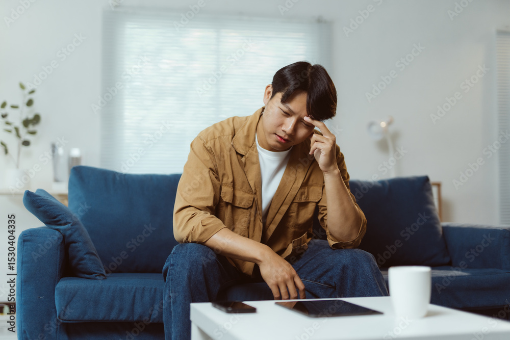 Fototapeta premium Young Asian man sitting on the sofa in his living room, experiencing a stressful headache while working remotely on his tablet