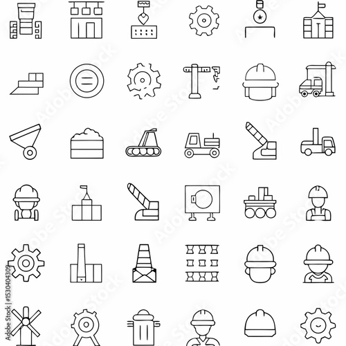 Vector monochrome line icon set about industry