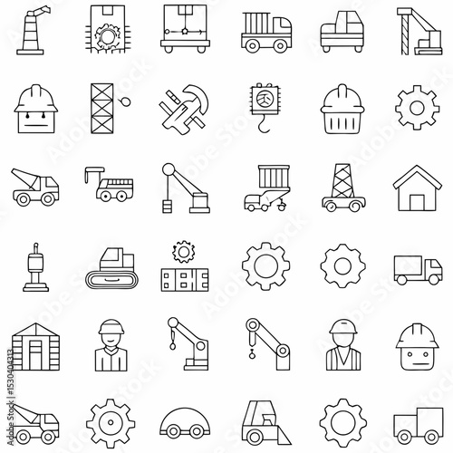 Vector monochrome line icon set about industry