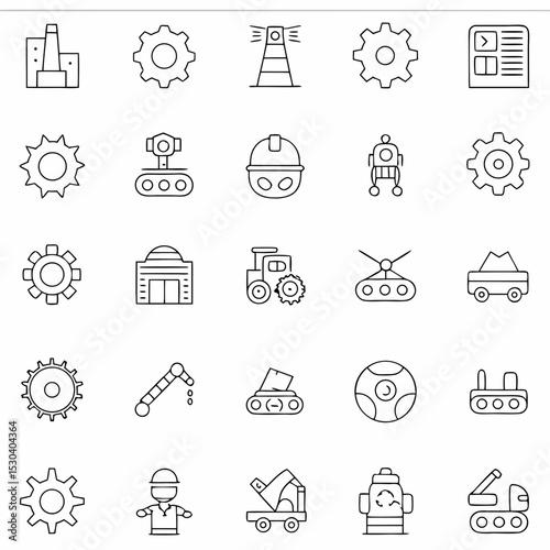 Vector monochrome line icon set about industry